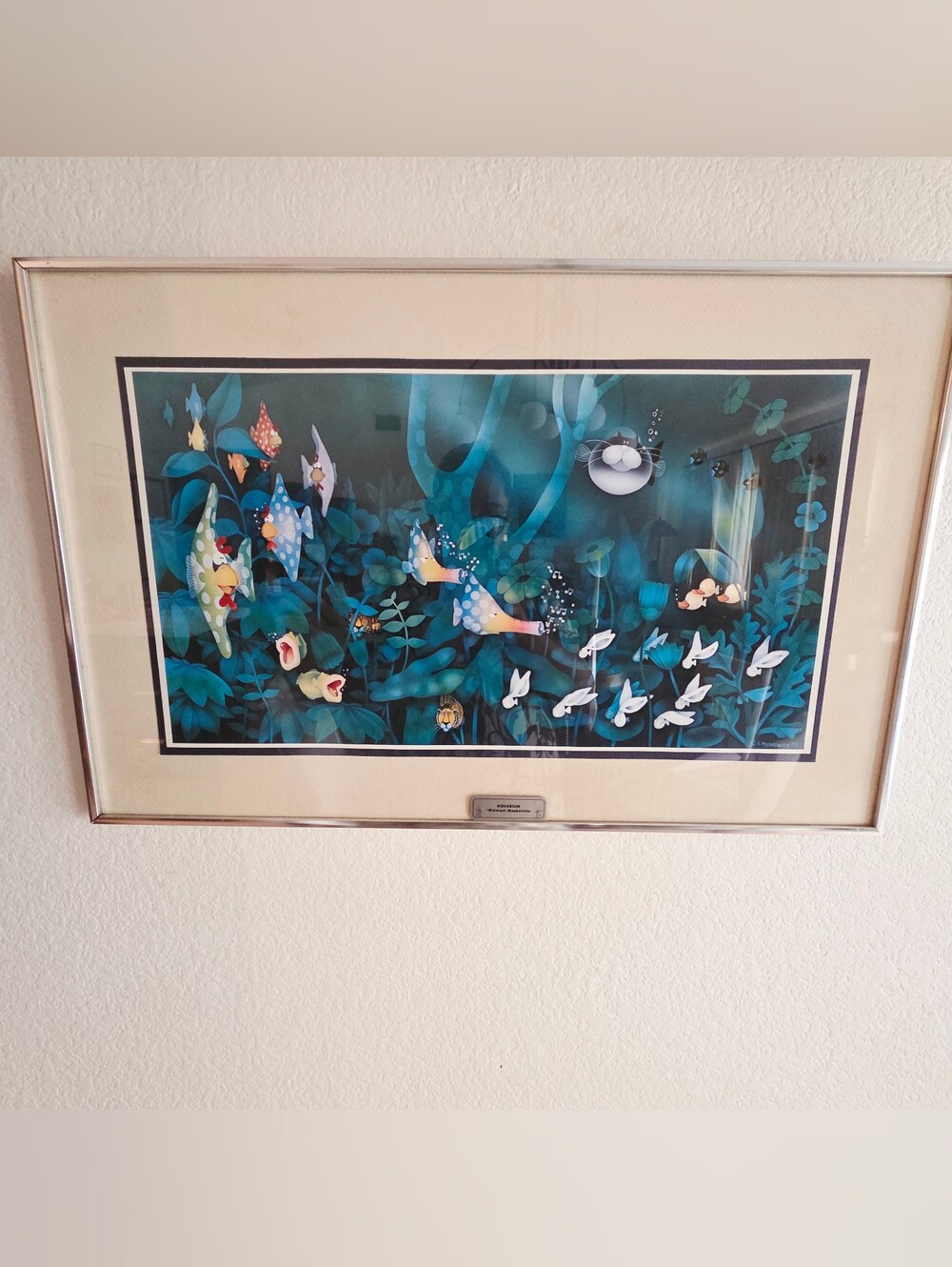 Vintage Stewart Moskowitz Print Framed Aquarium Ocean Fantasy Metal Plaque